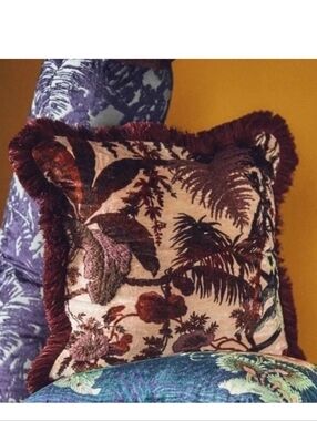 Anthropologie House of Hackney Pampas Velvet Fringed Pillow Plum Pink Square NEW